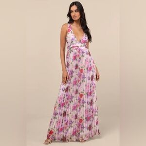 Lulus Morgana Pink Multi Floral Satin Pleated Maxi Dress XS NWT